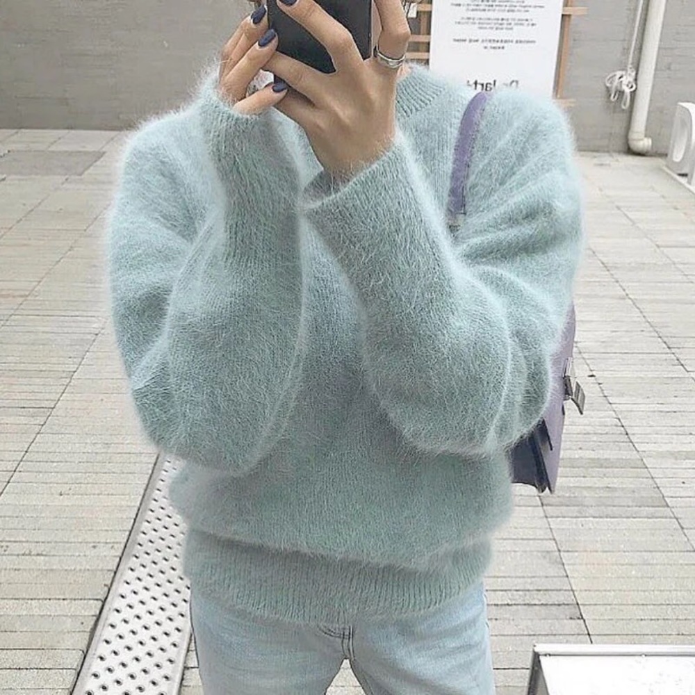 Fuzzy sweater eyelash ice blue womens long sleeve top crewneck